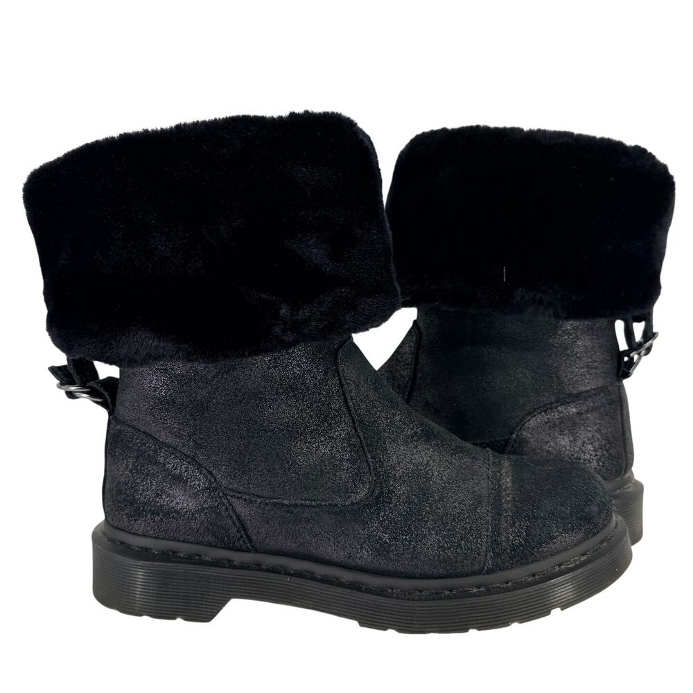 Dr. Martens Pasha Rigger Calf Boots Faux Fur Foldover Sz 7 EU 38 Iridescent